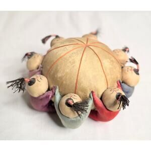 Vintage Asian Style Silk Pin Cushion 4" Diameter Asian Men Holding Cushion Flaws